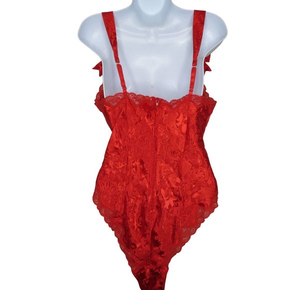 Victorias Secret Gold Label Red Satin Brocade Teddy One Piece M Valentines Bows - Picture 8 of 13